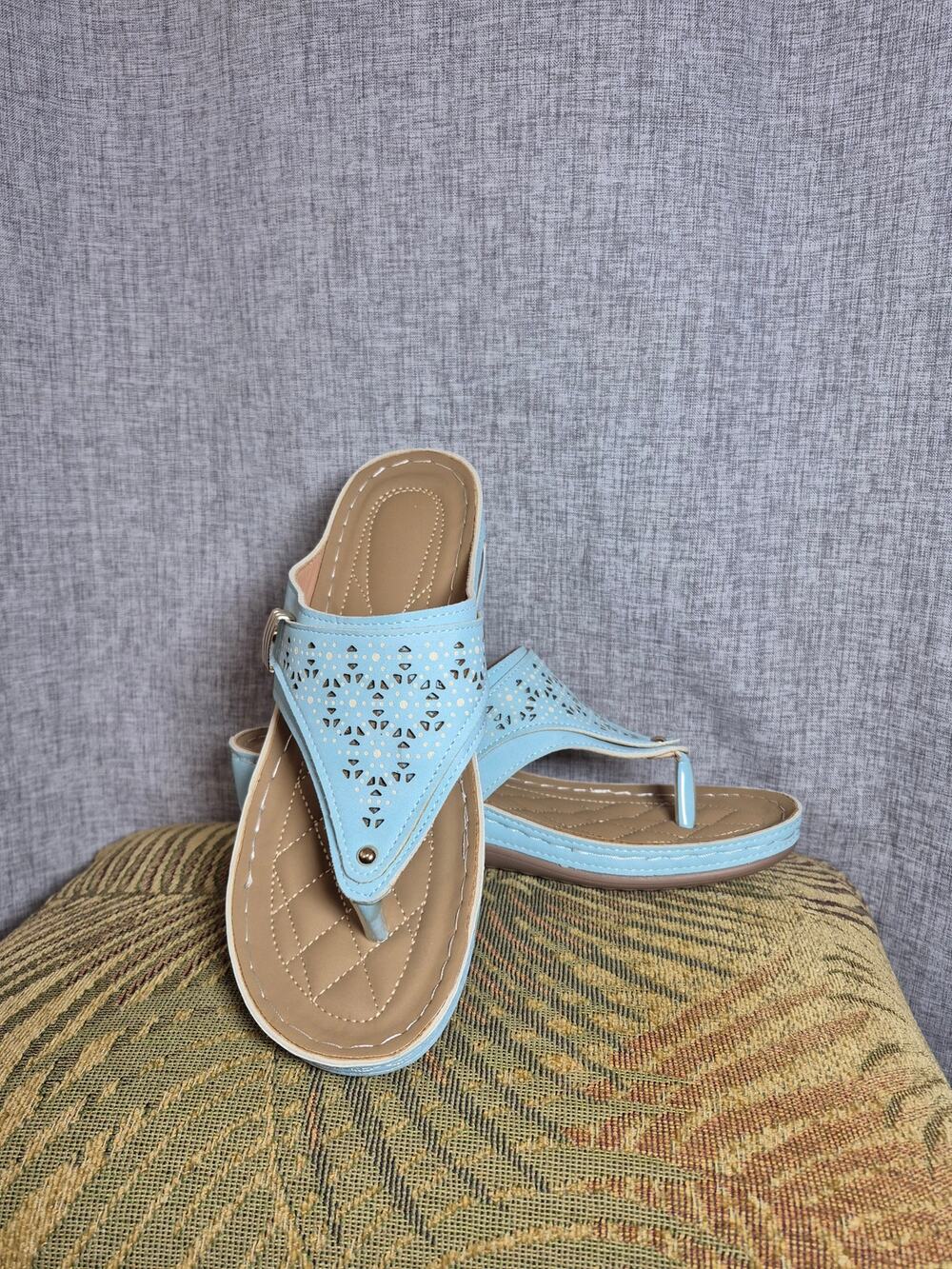 Women's Light Blue Orthopedic Comfort Sandals Arch Support Wedge Approx US 7.5–8